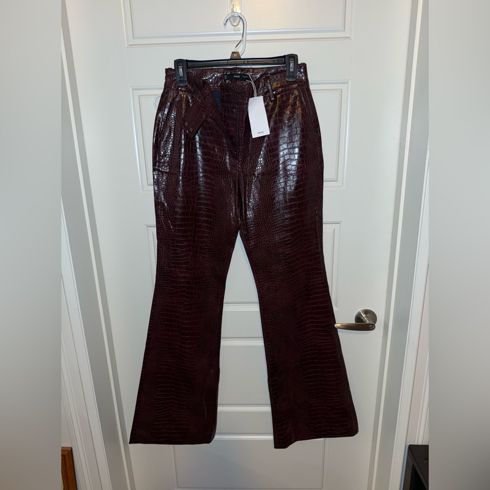 MNG Faux Croc Zip-Front Pants in Wine
